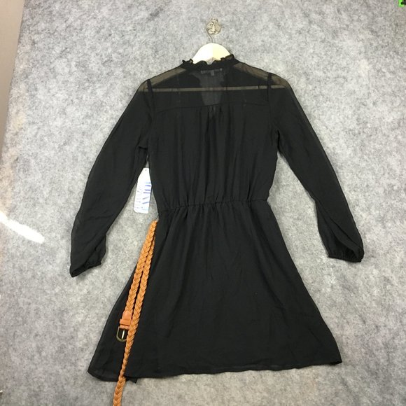 Almost Famous Dress S Long Sleeve Black Chiffon Belted A Line V Neck Casual - Picture 15 of 16